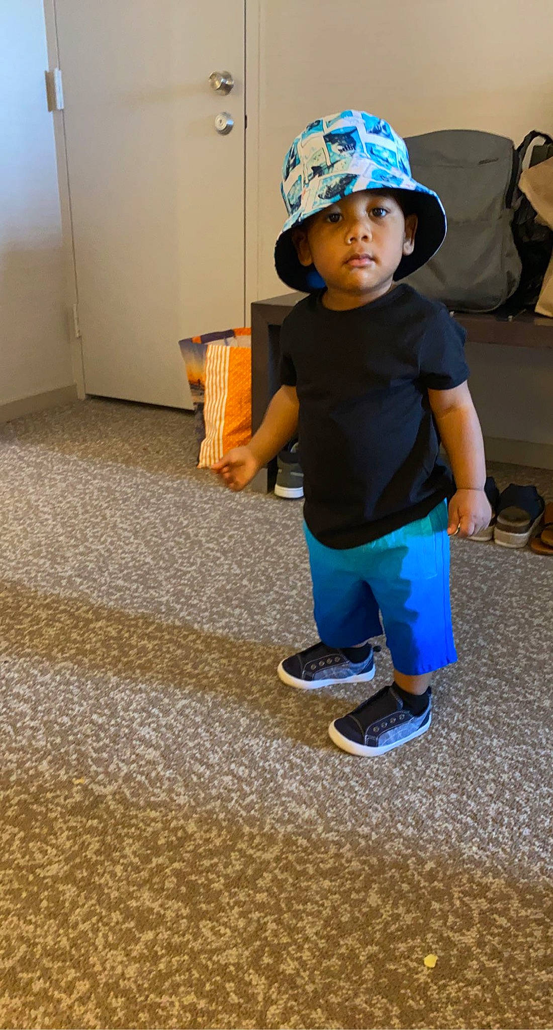 Kenzo joined the competition — help win amazing prizes! bag, baseball_cap, cap, door, electric_blue, floor, flooring, hard_hat, headgear, headwear, helmet, human_body, human_leg, leisure, luggage_and_bags, person, personal_protective_equipment, sleeve, t_shirt, toddler