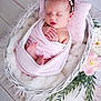 Rebecca a rejoint le concours — aidez-le/la à gagner de superbes lots ! newborn, baby, sleeping, blanket, basket, pink, headband, flower, floral, soft, cozy, wrapped, infant, cute, peaceful, resting, skin, hands, feet, decor