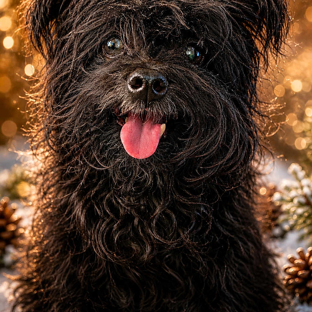 Little Man is registered to the contest to win money with this photo: dog, black_dog, fluffy, curly_fur, tongue_out, happy, pet, animal, portrait, bokeh, golden_light, outdoor, nature, pine_cones, close_up, cute, furry, sitting, friendly, adorable