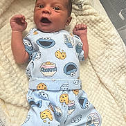 Alexander Manuel is registered to the contest to win money with this photo: baby, infant, pajamas, cookie_monster, cookie, blanket, clothing, cute, smiling, lying_down, person, child, happy, indoors, fabric, bed, soft, newborn, portrait, expression