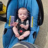 baby, background_objects, blue, camera_angle, camo_pattern, car_seat, casual_clothing, child, concrete, cute, daylight, expression, footwear_absent, hand_gesture, infant, outdoor, person, safety_harness, seat, strapped