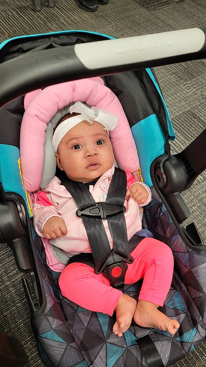 Brooklynn joined the competition — help win amazing prizes! auto_part, automotive_design, baby, baby_carriage, baby_in_car_seat, baby_products, baby_safety, baby_toddler_clothing, car_seat, car_seat_cover, child, comfort, fun, head_restraint, headwear, motor_vehicle, person, pink, seat_belt, steering_wheel