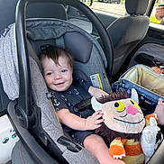 Callen joined the competition — help win amazing prizes! baby, car_seat, plush_toy, smiling, child, inside_car, seatbelt, window, car_interior, person, toy, infant, clothing, headrest, seat, happy, foot, hand, daylight, vehicle