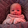 baby, blanket, child, clothing, cozy, cute, dimples, face, happy, indoors, infant, portrait, quilt, resting, small_hands, smile, soft, textile, warm_lighting, wrapped