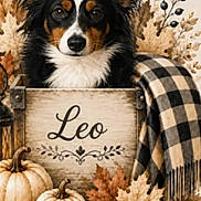 Leo is registered to the contest to win money with this photo: acorns, animal, autumn, berries, black, blanket, box, brown, cozy, decor, dog, ears, fall, fur, leaves, pet, portrait, pumpkin, white, wood