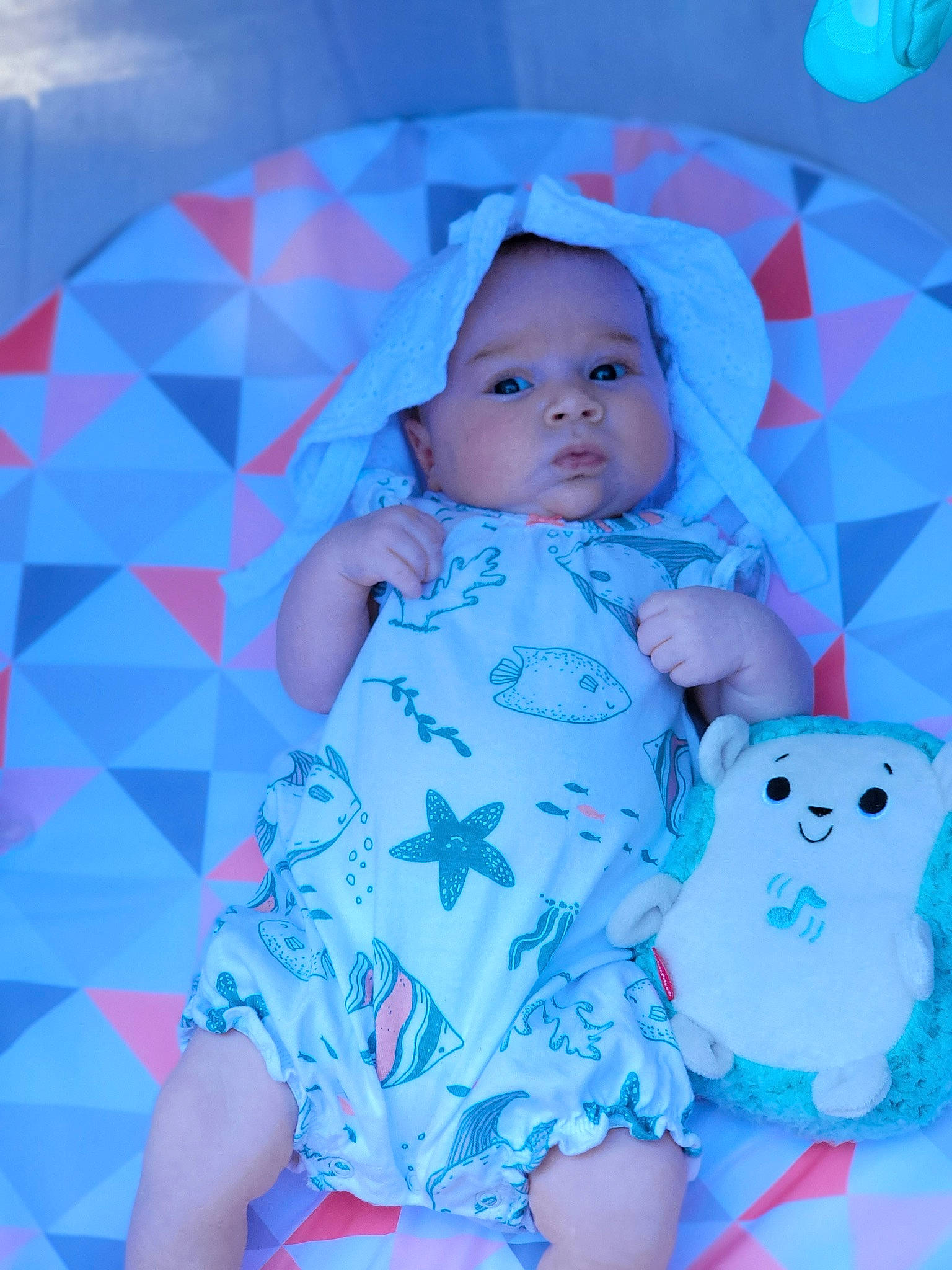 Averie joined the competition — help win amazing prizes! azure, baby, baby_toddler_clothing, child, day_dress, electric_blue, fun, happy, headwear, magenta, pattern, person, pink, purple, sitting, skin, sleeve, teddy_bear, textile, toddler