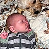 baby, dog, sleeping, blanket, striped_clothing, pet, infant, cozy, cute, animal, friendship, indoors, resting, peaceful, portrait, young_child, mammal, face, comfort, soft_fabric