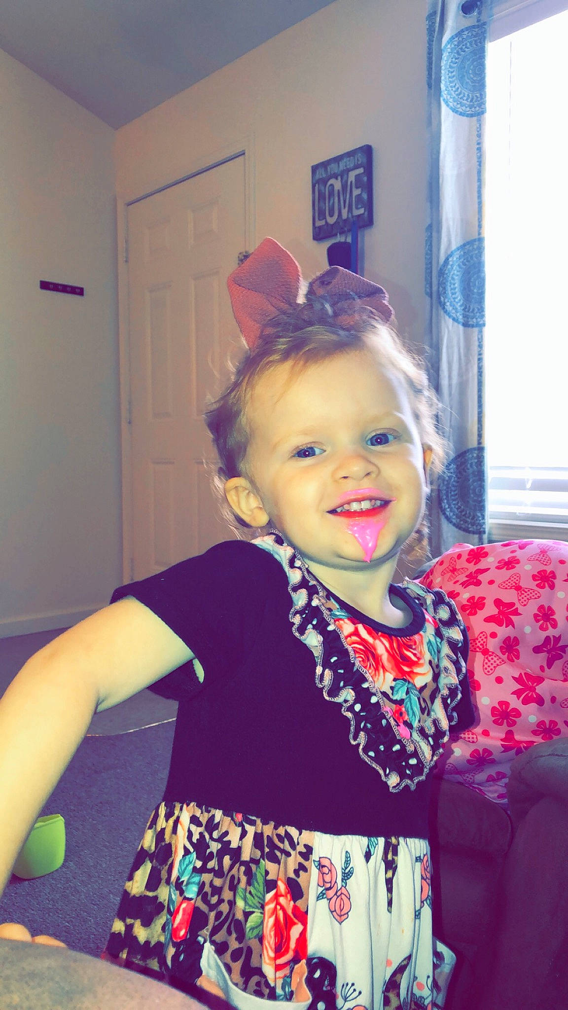 Avery Kate joined the competition — help win amazing prizes! baby, baby_toddler_clothing, child, day_dress, door, ear, hair_accessory, happy, headband, headpiece, mouth, person, purple, toddler, window_covering, window_treatment