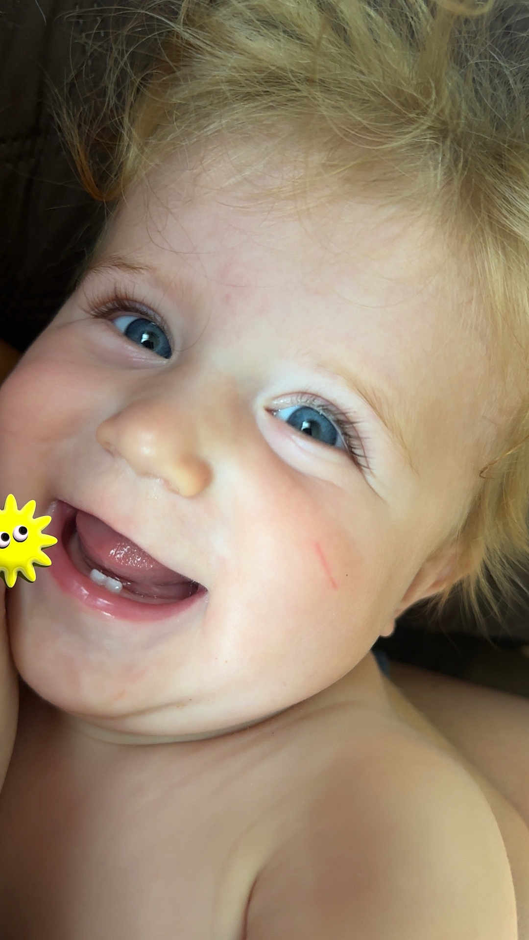 Sawyer is registered to the contest to win money with this photo: toddler, child, face, blue_eyes, blonde_hair, smiling, teeth, skin, closeup, happy, cute, baby, expression, portrait, joyful, mouth, tongue, cheek, eyelashes, playful