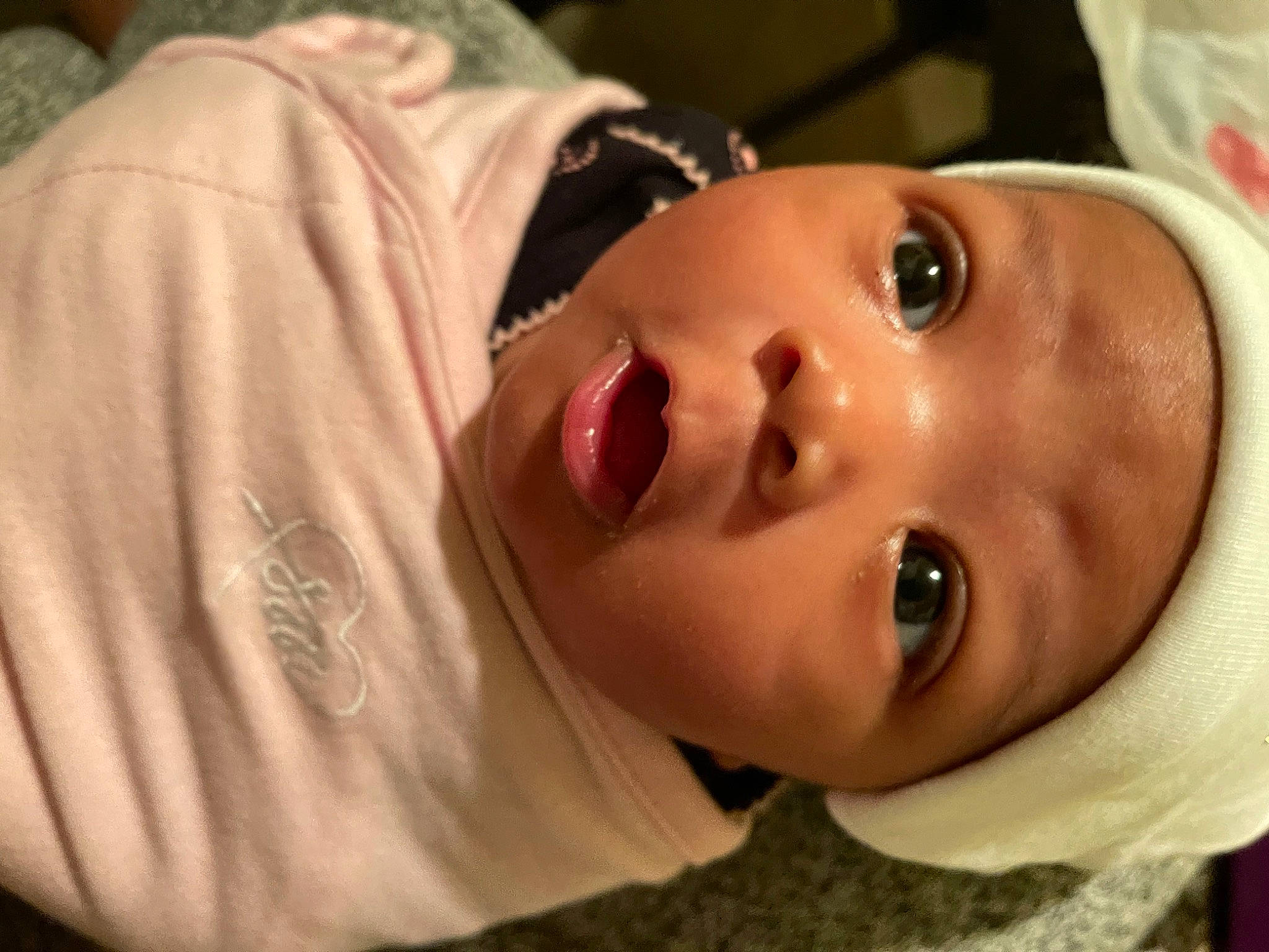 Kimani is registered to the contest to win money with this photo: baby, baby_toddler_clothing, cheek, child, chin, close_up, eyebrow, eyelash, fun, happy, hat, iris, lip, mammal, mouth, neck, nose, person, skin, smile