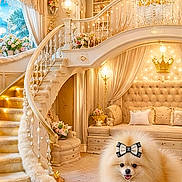 Luna joined the competition — help win amazing prizes! pomeranian, dog, pet, fluffy, bow, luxury_interior, plush_rug, staircase, chandelier, crown_decor, sofa, curtains, flowers, lamp, window_view, gold_accents, tufted_headboard, warm_lighting, ornate_decor, portrait
