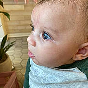 Ezekiel is registered to the contest to win money with this photo: baby, child, face, profile, blue_eyes, curious, indoor, plant, tiled_floor, shirt, green, white, person, skin, head, ear, young, infant, closeup, expression