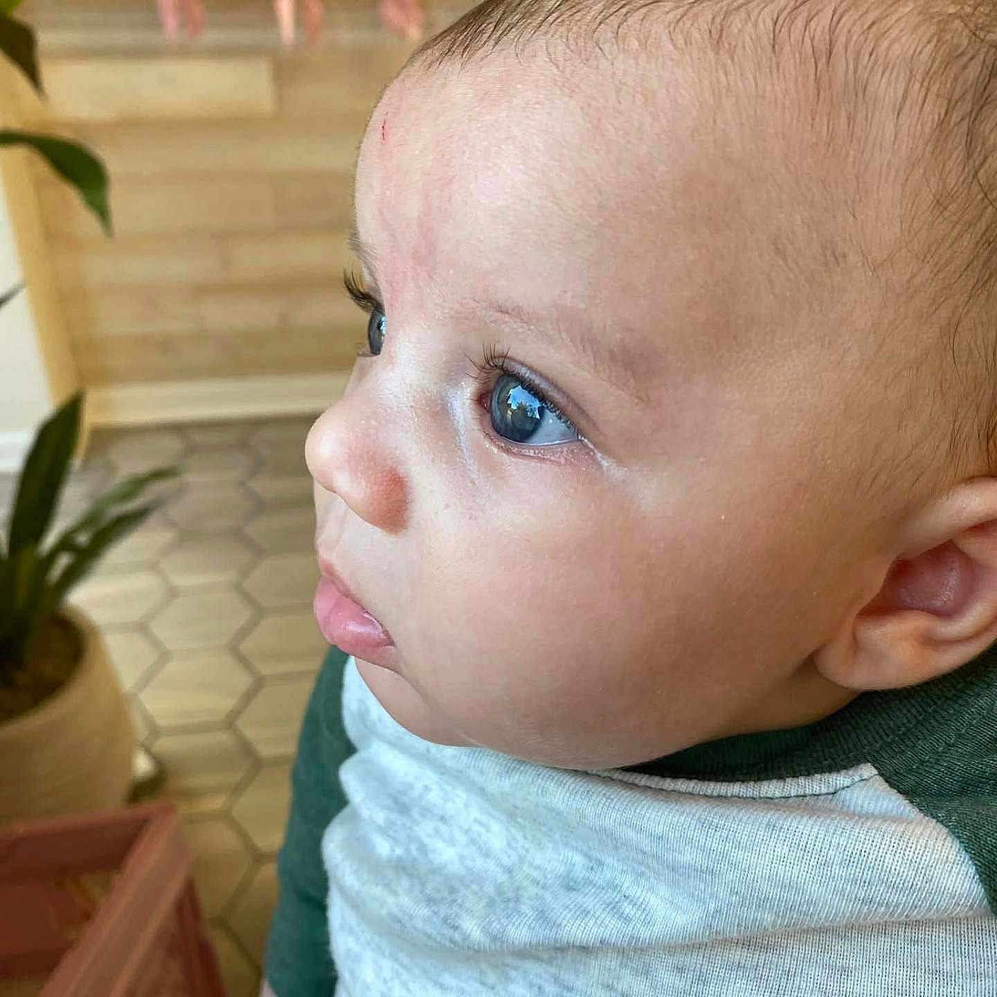 Ezekiel is registered to the contest to win money with this photo: baby, child, face, profile, blue_eyes, curious, indoor, plant, tiled_floor, shirt, green, white, person, skin, head, ear, young, infant, closeup, expression