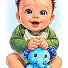 animated, baby, blue_eyes, cartoon, child, colorful, curly_hair, cute, elephant_toy, green_shirt, happy, illustration, infant, innocence, playful, plush_toy, sitting, smiling, toy, youth