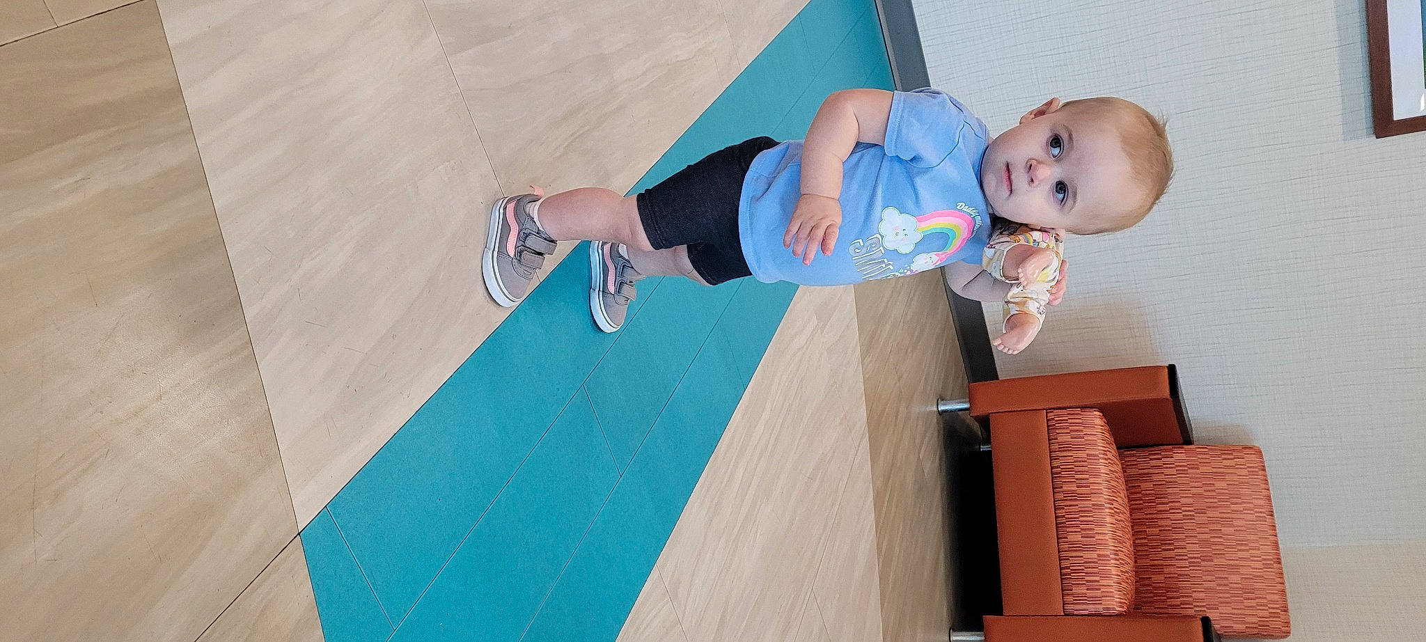 Madelyn joined the competition — help win amazing prizes! baby, baby_toddler_clothing, blue, elbow, electric_blue, flooring, fun, hardwood, human_leg, knee, leg, leisure, person, recreation, shorts, sportswear, t_shirt, thigh, toddler, walking_shoe