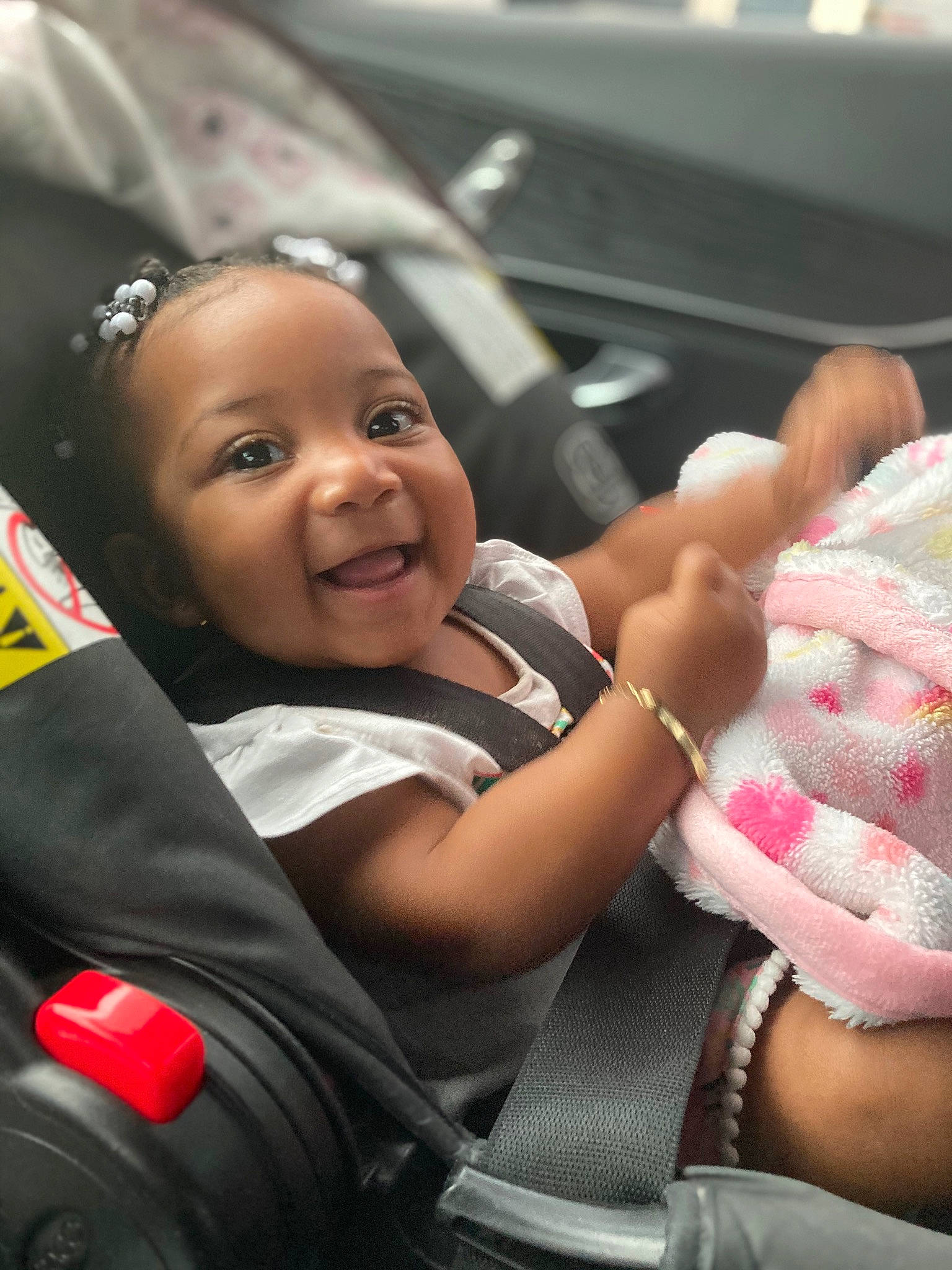 Gianna joined the competition — help win amazing prizes! auto_part, baby, baby_carriage, baby_products, car_seat, child, comfort, event, facial_expression, fun, gesture, happy, motor_vehicle, person, product, seat_belt, skin, smile, thumb, toddler