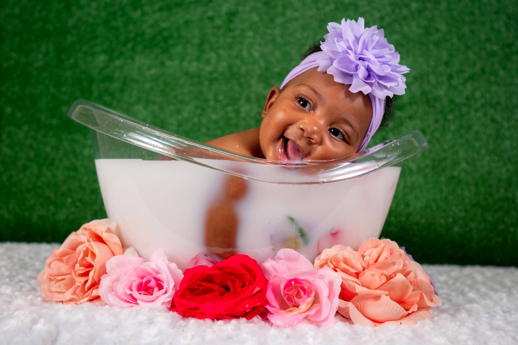 Gianna joined the competition — help win amazing prizes! baby, baby_toddler_clothing, beauty, child, cut_flowers, event, facial_expression, flower, flower_arranging, happy, headgear, headpiece, headwear, hybrid_tea_rose, person, petal, pink, plant, rose, smile