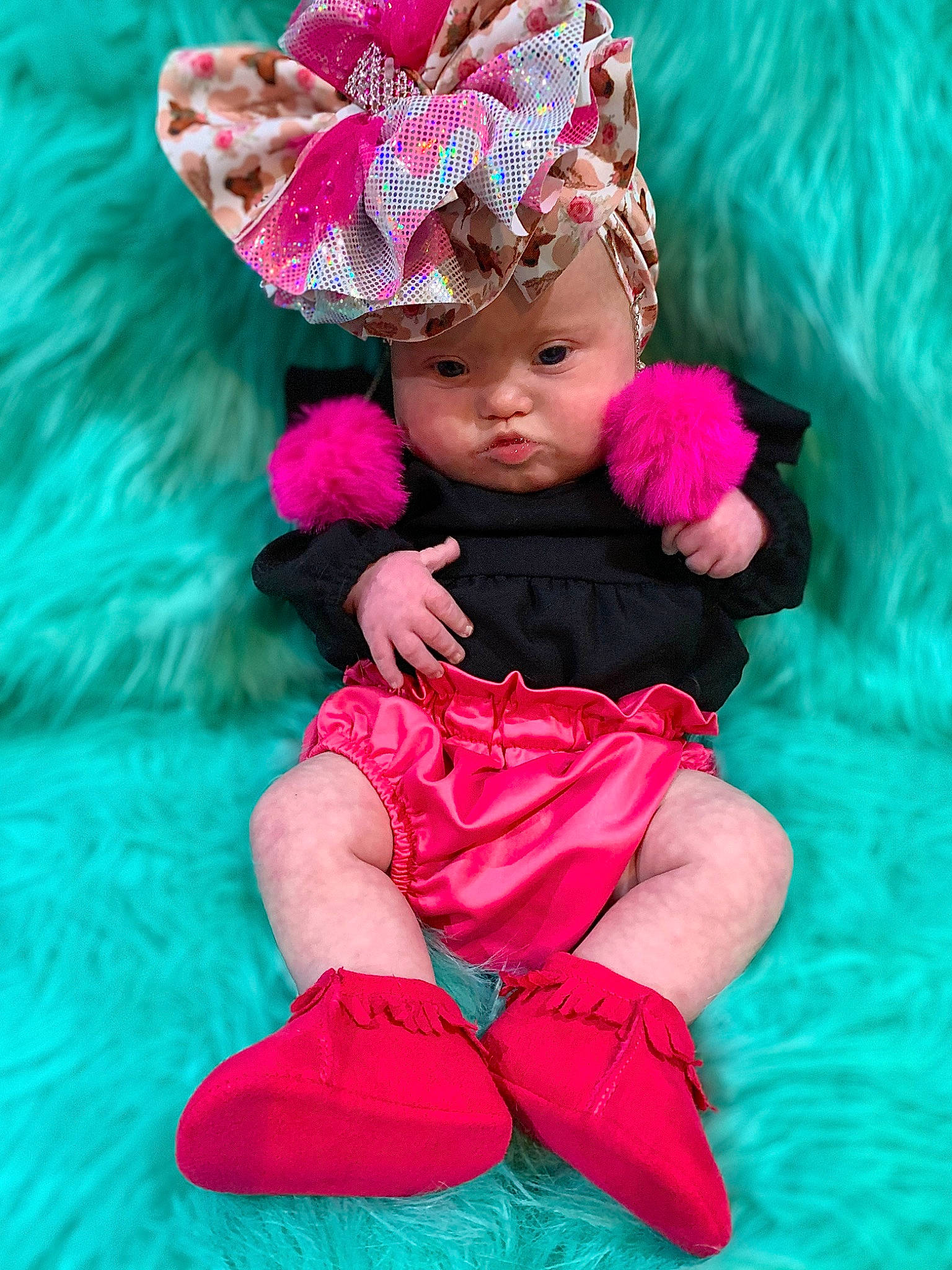 Violet is registered to the contest to win money with this photo: aqua, baby, baby_toddler_clothing, child, costume_hat, dress, fun, hair_accessory, happy, headband, headgear, headpiece, headwear, leisure, magenta, mythical_creature, person, pink, purple, sitting
