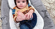 Miran joined the competition — help win amazing prizes! baby, infant, child, portrait, sitting, bouncer, baby_seat, gray_cushion, wide_eyes, dark_hair, smiling, bare_feet, foot_grip, denim_pants, striped_shirt, floral_fabric, patterned_cushion, rug, indoor, cozy