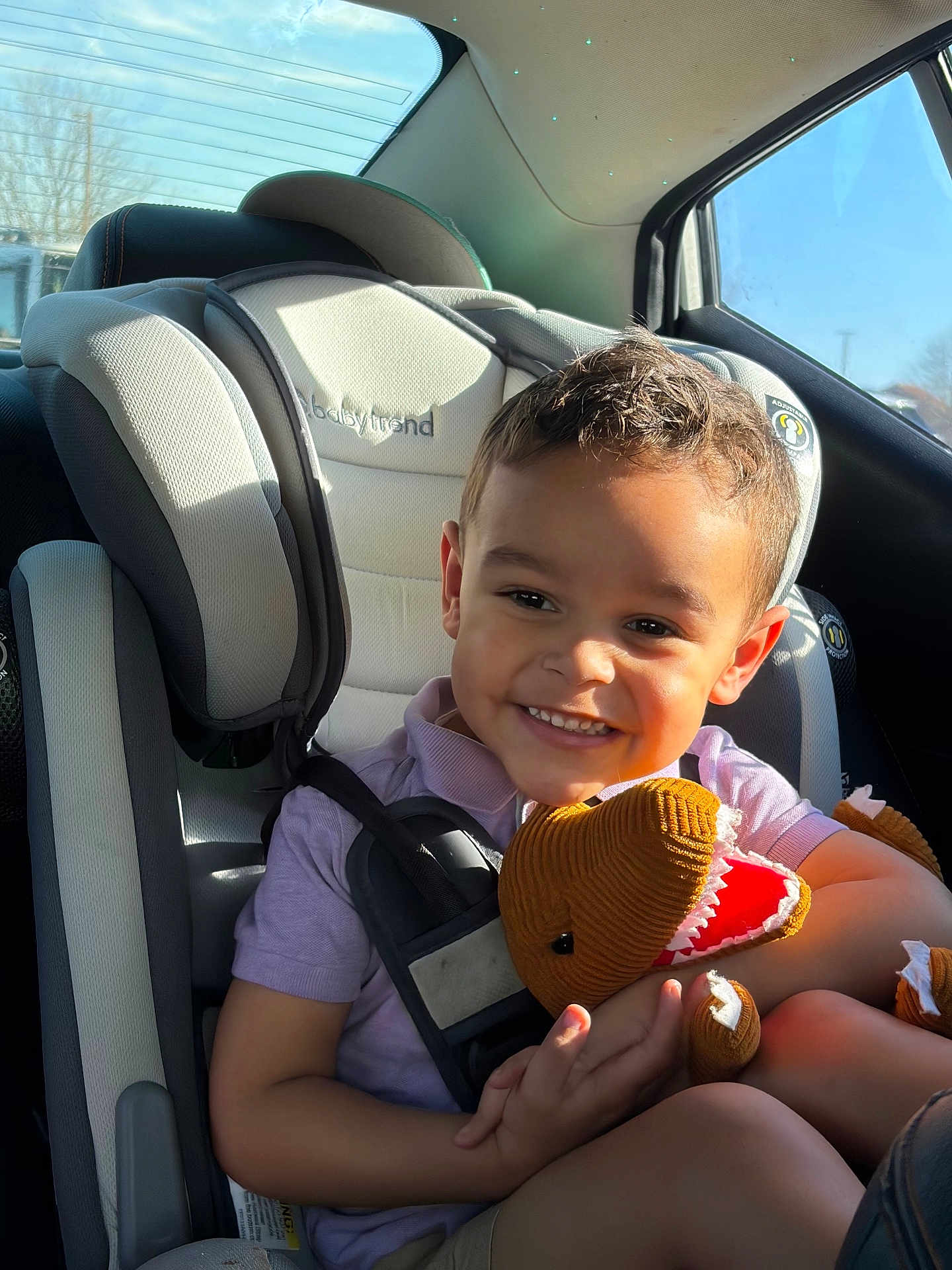 Cohen is registered to the contest to win money with this photo: child, toddler, car_seat, seatbelt, smiling, stuffed_toy, dinosaur_toy, backseat, sunlight, happy, portrait, short_hair, casual_clothing, window, car_interior, babytrend, toy, teeth, candid, playful