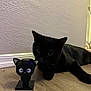 black_cat, cat, toy, figurine, wooden_floor, indoor, curious, pet, animal, playful, flooring, baseboard, wall, ears, eyes, small_object, closeup, domestic_cat, lying_down, feline