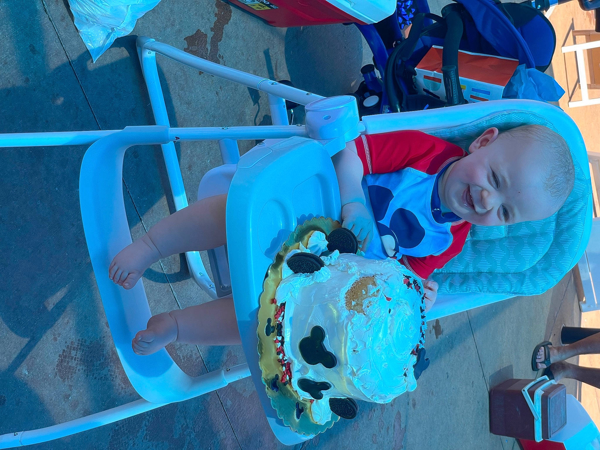 Braxton joined the competition — help win amazing prizes! azure, baby, baby_products, baby_toddler_clothing, blue, chair, child, electric_blue, fun, happy, hat, leisure, person, smile, toddler, water