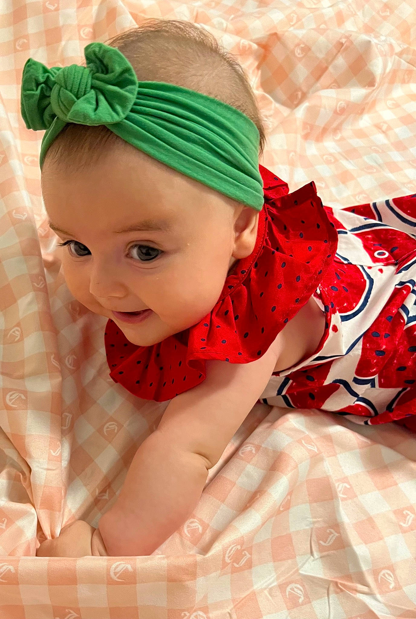 Lucy is registered to the contest to win money with this photo: baby, baby_toddler_clothing, child, clothing, comfort, dress, eye, fashion_accessory, grass, happy, headband, headpiece, pattern, person, pink, plaid, sitting, skin, sleeve, smile