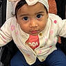 Ariana Castillo joined the competition — help win amazing prizes! adorable, baby, baby_seat, blue_pants, bow, cardigan, child, close_up, clothing, eyes, face, floral_pattern, headband, indoor, infant, looking_at_camera, photography, portrait, seated, sweater