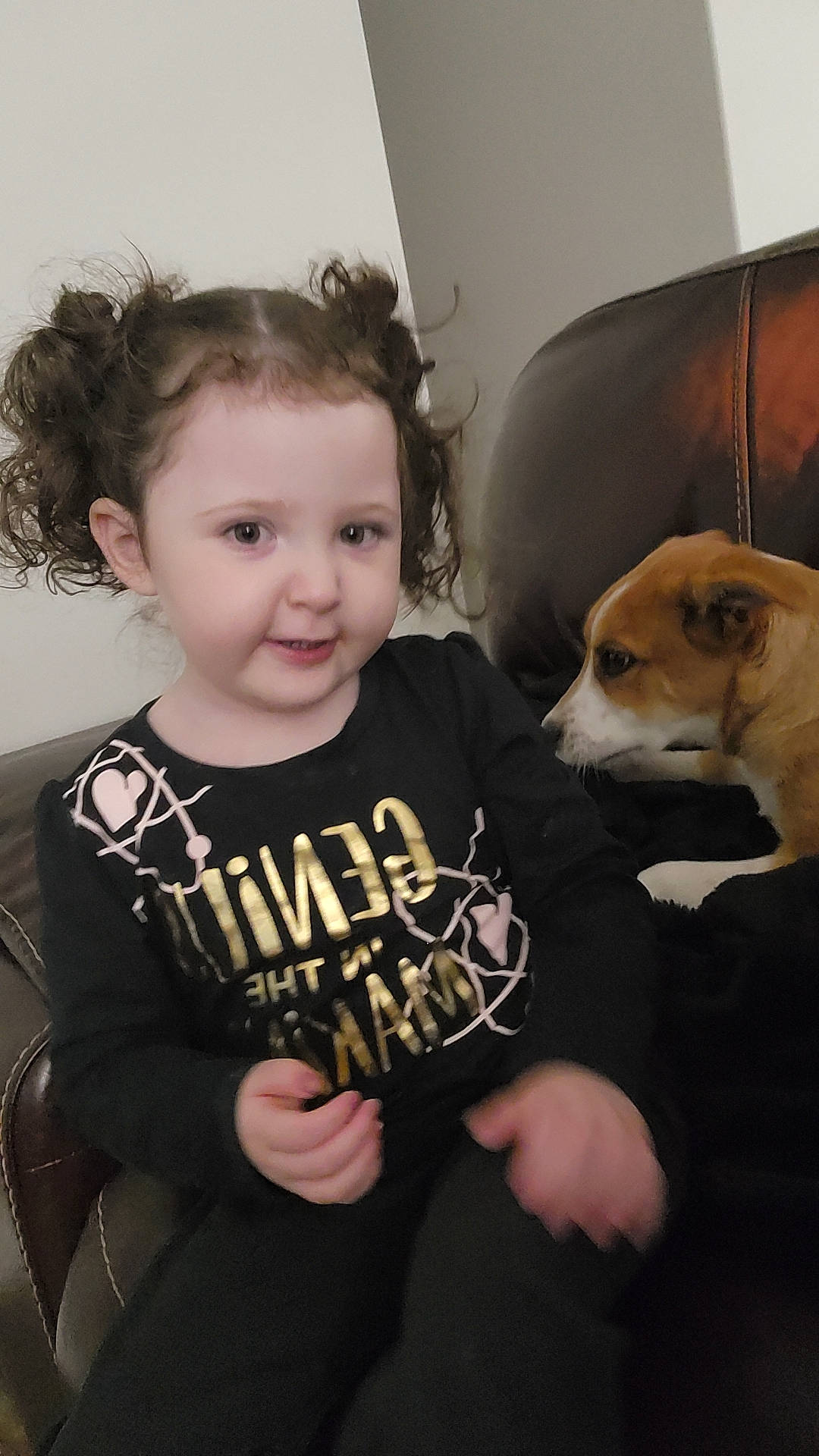 Anastasia joined the competition — help win amazing prizes! baby_toddler_clothing, carnivore, child, comfort, companion_dog, couch, dog, dog_breed, flash_photography, fur, hairstyle, happy, person, sitting, skin, sleeve, smile, sporting_group, t_shirt, toddler