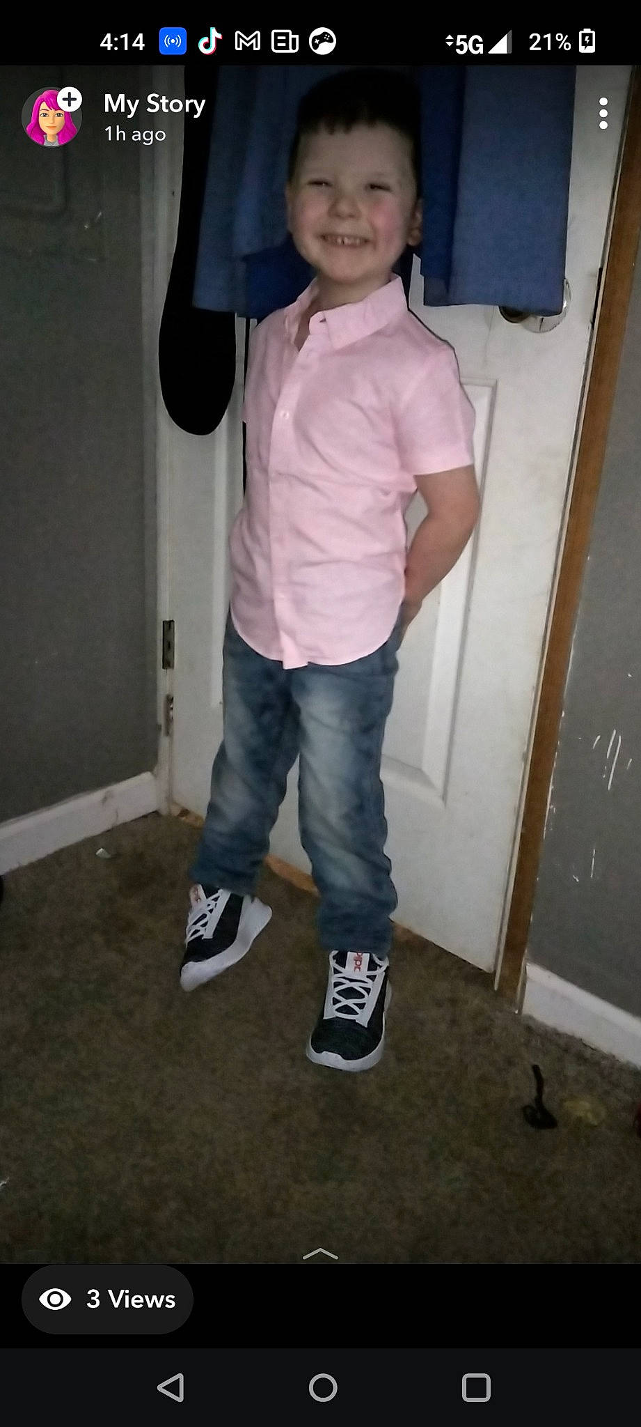 Carson joined the competition — help win amazing prizes! active_pants, arm, denim, door, electric_blue, floor, flooring, fun, hardwood, human_leg, joy, knee, magenta, person, sleeve, smile, sportswear, t_shirt, thigh, waist