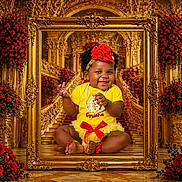 Syriana Dior Mcneil is registered to the contest to win money with this photo: baby, barefoot, child, floral_arrangement, flower_headband, gold_decor, happy, indoor, jewelry, necklace, ornate_frame, palace, photography, portrait, red_bow, red_roses, royal, sitting, smiling, yellow_outfit