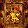 baby, barefoot, child, floral_arrangement, flower_headband, gold_decor, happy, indoor, jewelry, necklace, ornate_frame, palace, photography, portrait, red_bow, red_roses, royal, sitting, smiling, yellow_outfit