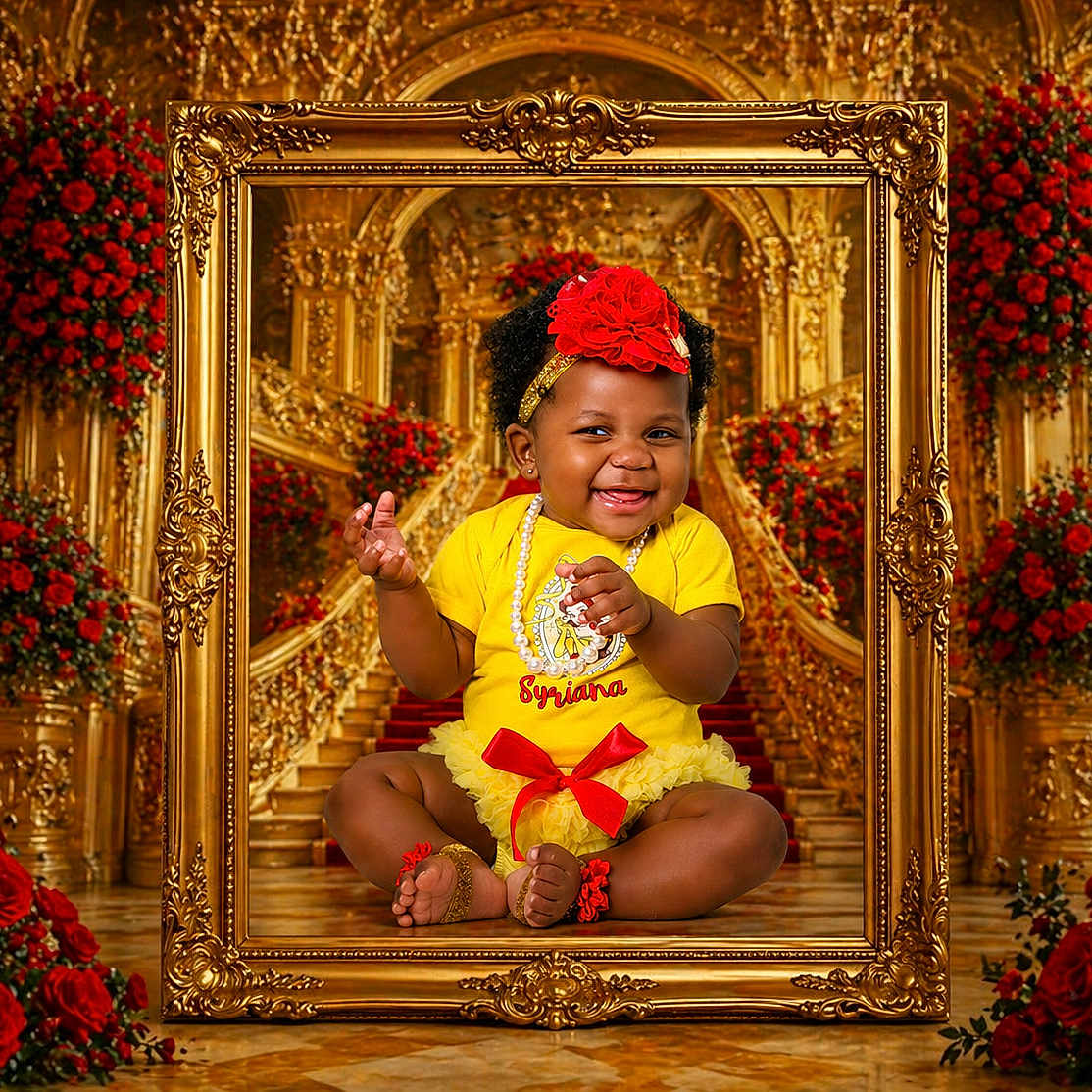 Syriana Dior Mcneil is registered to the contest to win money with this photo: baby, barefoot, child, floral_arrangement, flower_headband, gold_decor, happy, indoor, jewelry, necklace, ornate_frame, palace, photography, portrait, red_bow, red_roses, royal, sitting, smiling, yellow_outfit