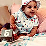 baby, bed, blanket, block, bucket_hat, child, cozy, cute, drool, happy, hat, indoor, infant, milestone, number_5, pillow, portrait, sailor_theme, shirt, smiling