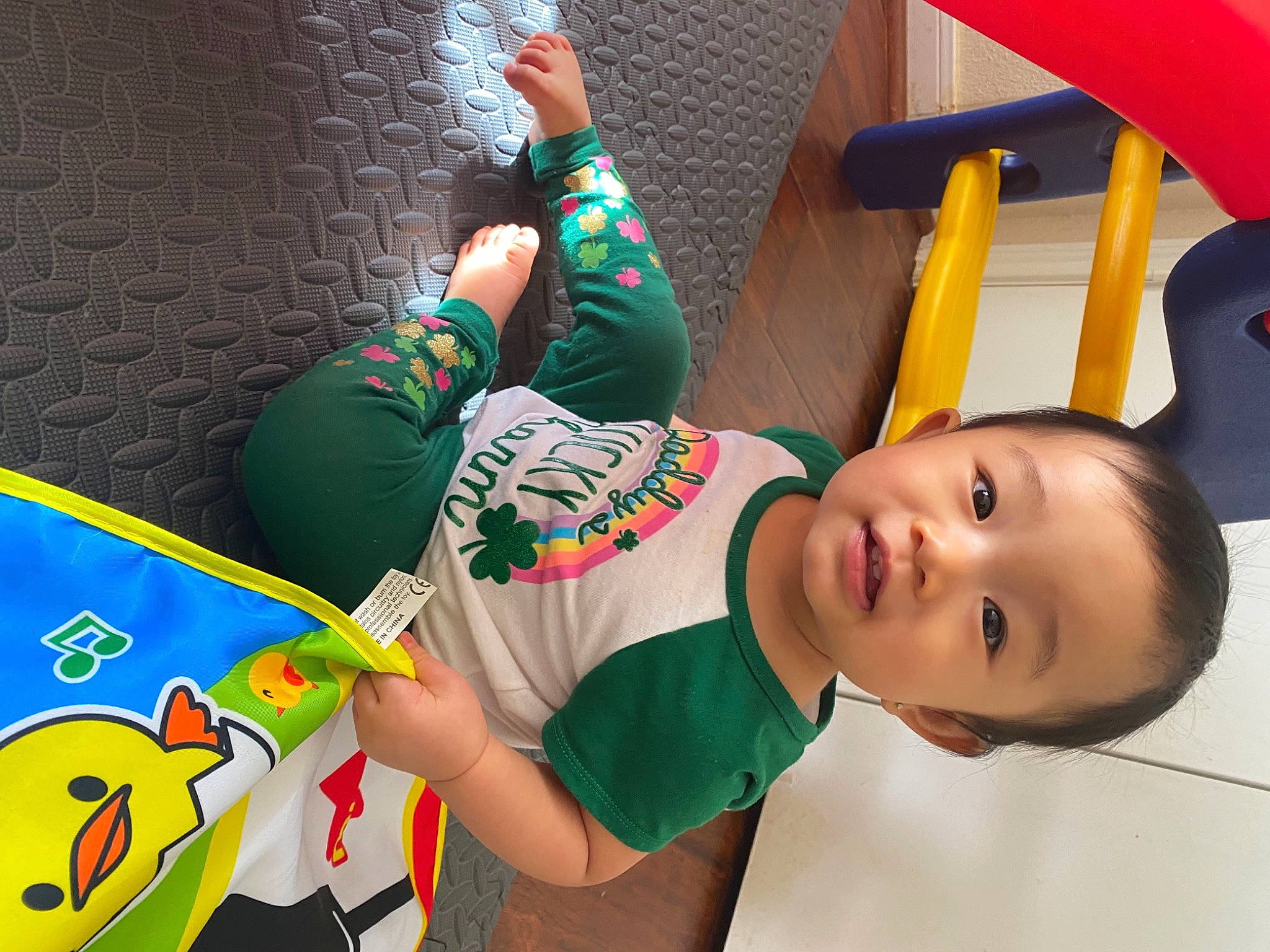 Katelynn joined the competition — help win amazing prizes! child, event, fun, green, hand, happy, human_leg, leisure, outdoor_play_equipment, person, photograph, play, recreation, red, room, smile, t_shirt, thigh, toddler, yellow