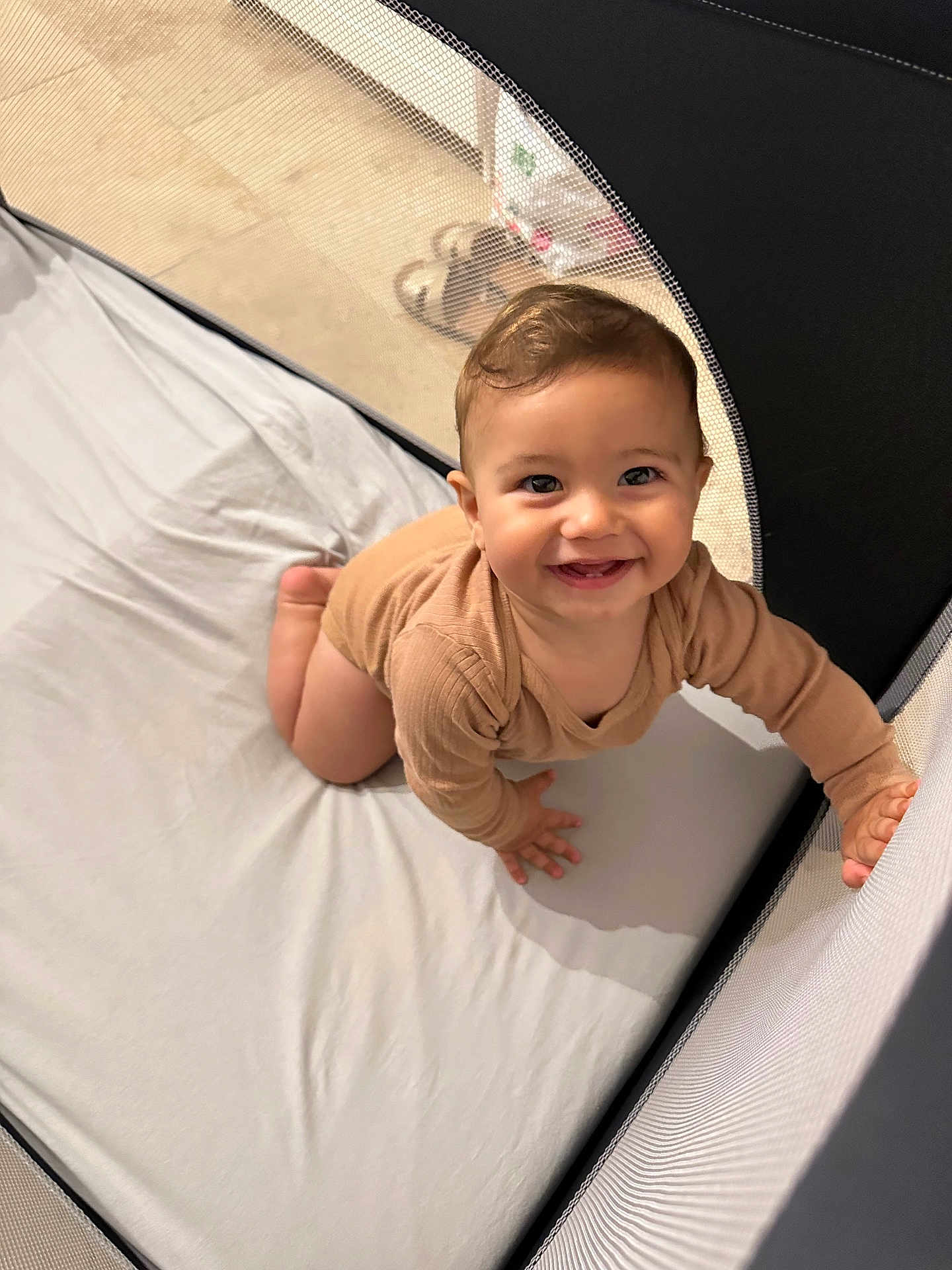 Kali a rejoint le concours — aidez-le/la à gagner de superbes lots ! baby, child, smiling, crawling, playpen, indoors, cozy_clothing, happy, cute, infant, person, face, hand, floor, mesh, bed, young_child, cheerful, skin, eyes