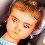 Mélyna a rejoint le concours — aidez-le/la à gagner de superbes lots ! baby, blue_eyes, car_interior, car_seat, child, close_up, clothing, curly_hair, cute, headband, infant, person, portrait, ruffles, safety, seat, seatbelt, summer_clothes, toddler, young_child
