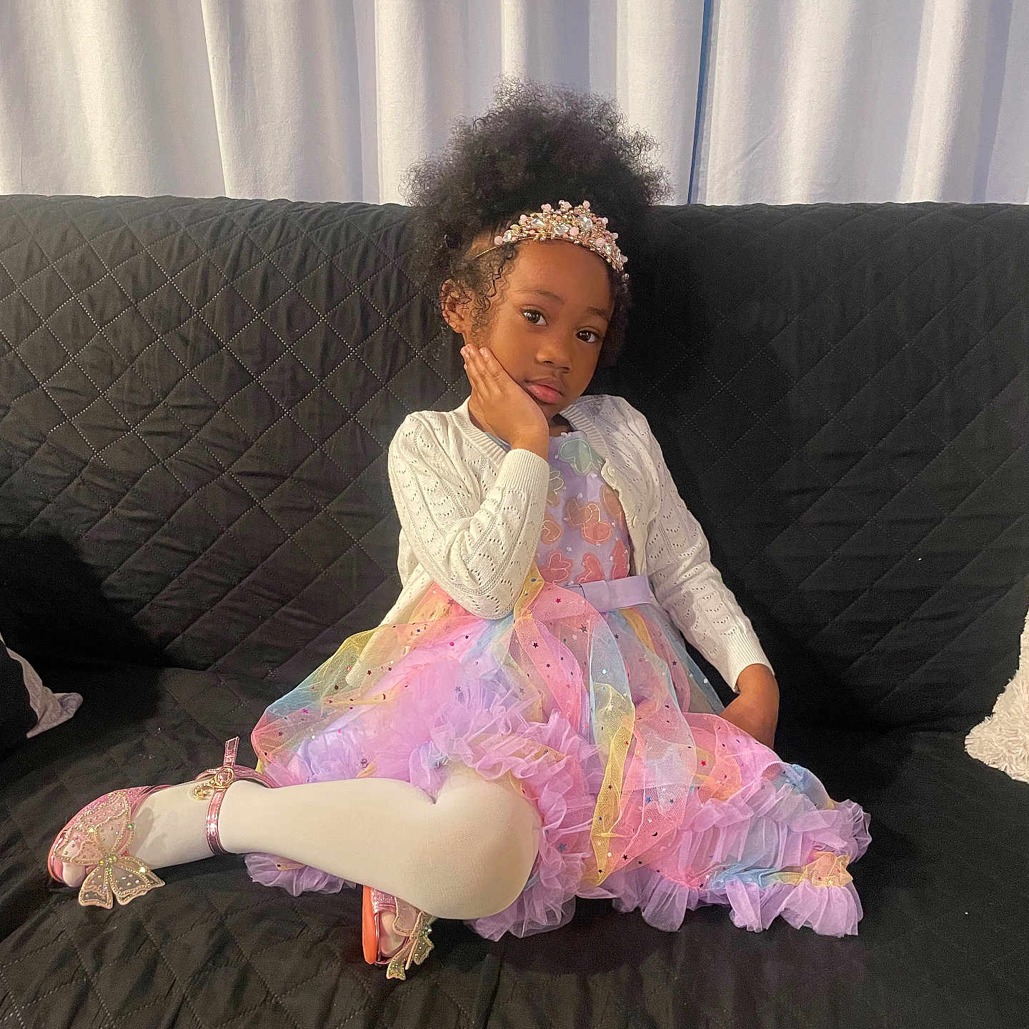 Estelita joined the competition — help win amazing prizes! blackhair, child, clothing, couch, curlyhair, cushion, dress, face, female, footwear, furniture, girl, hair, head, homedecor, person, photography, portrait, sitting, sleeve