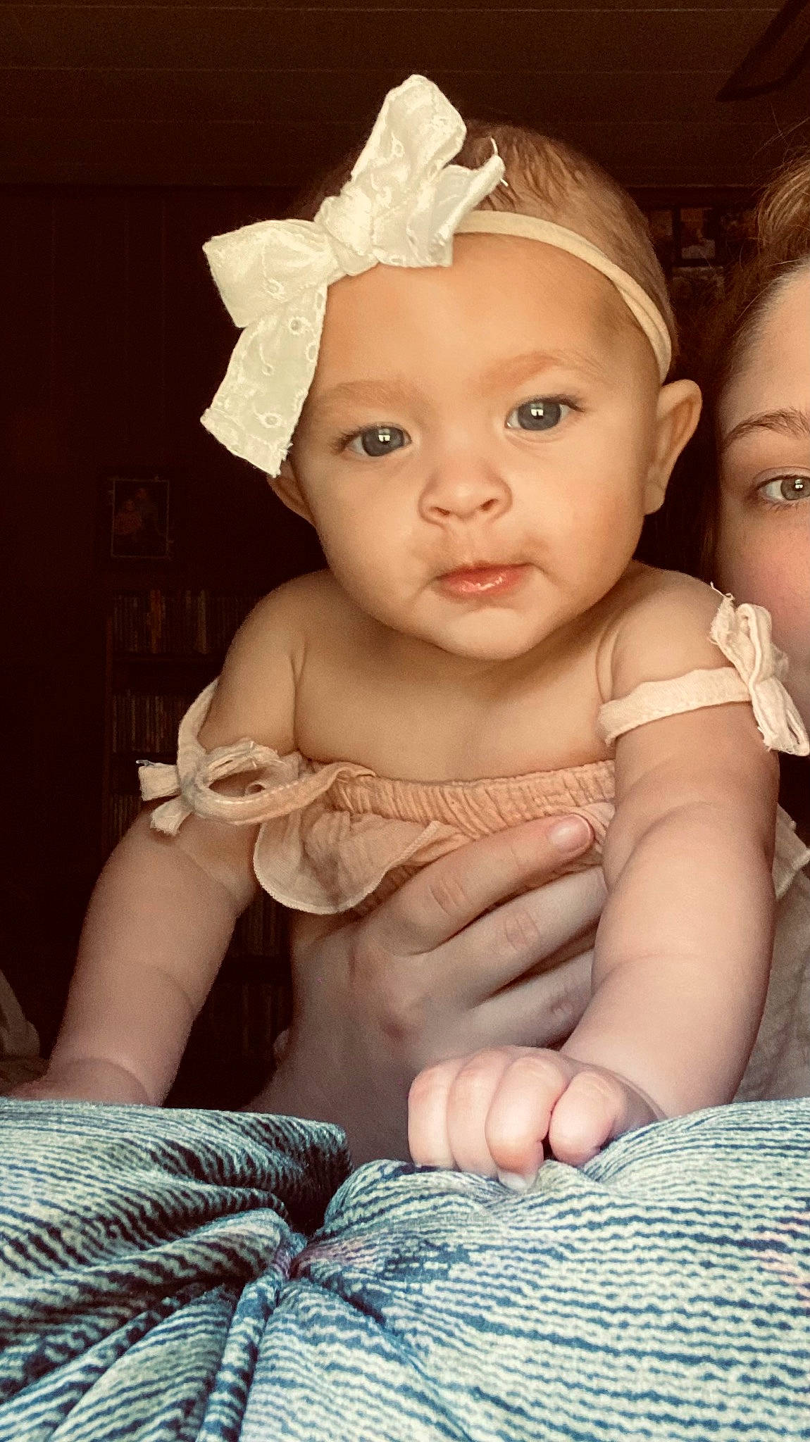 Jazlyn is registered to the contest to win money with this photo: abdomen, baby, baby_toddler_clothing, cheek, chest, child, ear, eyelash, fashion_accessory, finger, flash_photography, hand, happy, headband, headpiece, headwear, human_body, jewellery, lip, person