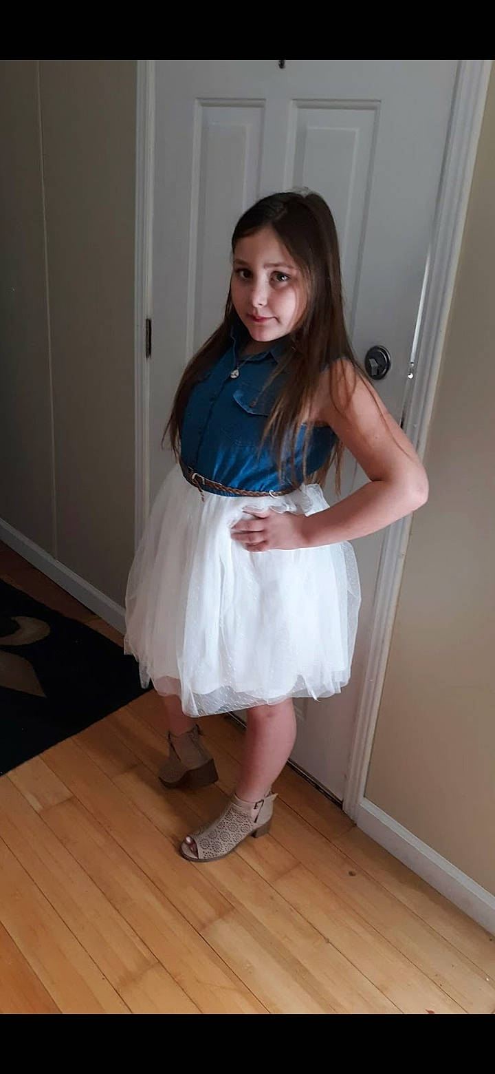 Addyson joined the competition — help win amazing prizes! abdomen, blond, brown_hair, day_dress, dress, elbow, fashion_design, flooring, formal_wear, hardwood, human_leg, knee, leg, person, sleeve, stairs, thigh, trunk, waist, wood