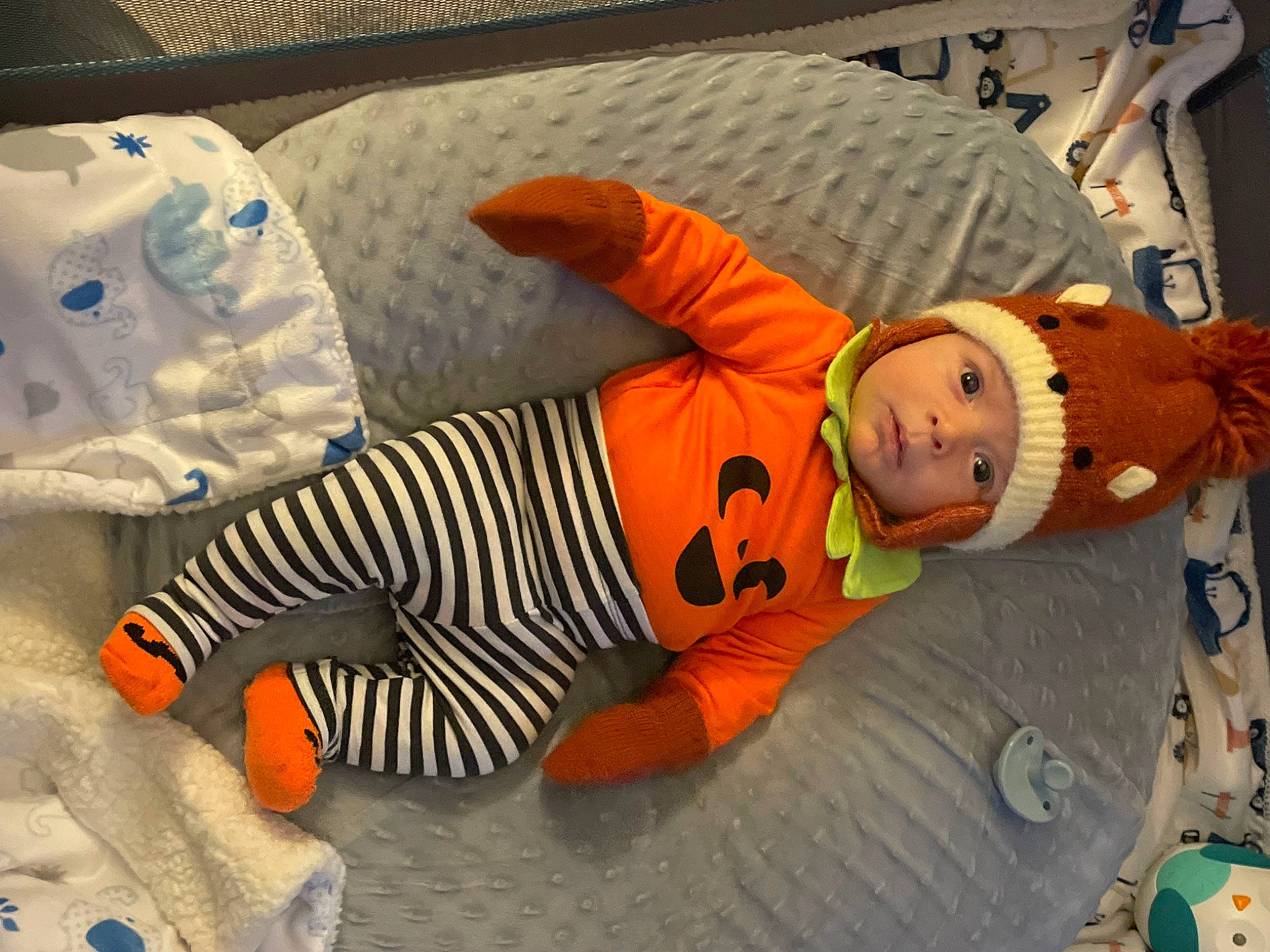 Tanner joined the competition — help win amazing prizes! baby, baby_products, baby_toddler_clothing, baby_toys, child, comfort, flooring, fun, headwear, orange, pattern, person, personal_protective_equipment, pumpkin, room, sitting, stuffed_toy, textile, toddler, toy