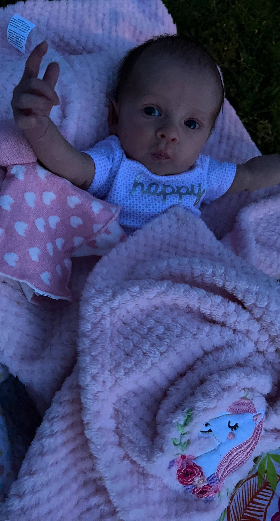 Arya is registered to the contest to win money with this photo: baby, baby_toddler_clothing, cheek, child, chin, comfort, cool, electric_blue, eye, iris, linens, organ, pattern, person, pink, product, purple, skin, textile, toddler