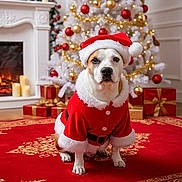 Raymonde Falour a rejoint le concours — aidez-le/la à gagner de superbes lots ! dog, christmas_tree, santa_hat, santa_costume, red_carpet, fireplace, candles, gifts, holiday, festive, decorations, ornaments, gold, red, white, indoors, pet, cute, animal, celebration