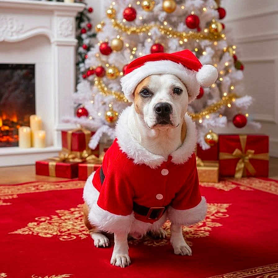 Raymonde Falour a rejoint le concours — aidez-le/la à gagner de superbes lots ! animal, candles, celebration, christmas_tree, cute, decorations, dog, festive, fireplace, gifts, gold, holiday, indoors, ornaments, pet, red, red_carpet, santa_costume, santa_hat, white