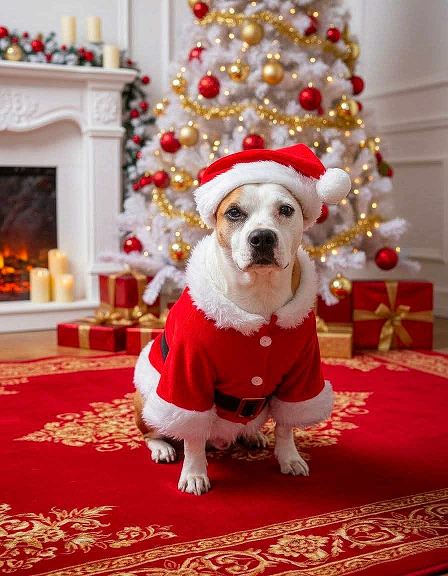 Raymonde Falour a rejoint le concours — aidez-le/la à gagner de superbes lots ! dog, christmas_tree, santa_hat, santa_costume, red_carpet, fireplace, candles, gifts, holiday, festive, decorations, ornaments, gold, red, white, indoors, pet, cute, animal, celebration