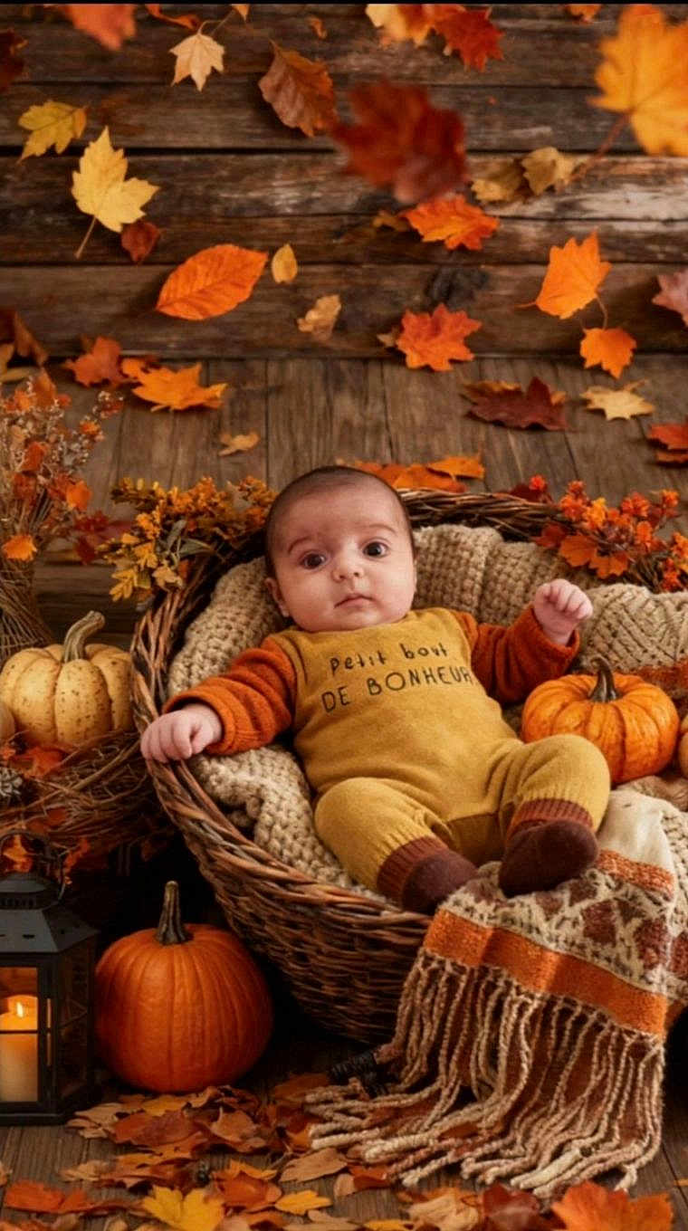 Sohan participe au concours pour gagner de l'argent avec cette photo : baby, infant, basket, pumpkin, blanket, lantern, autumn, fall_leaves, wooden_floor, cozy_clothing, orange, brown, decor, knitted, cute, indoors, seasonal, warm_lighting, portrait, child