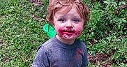 Charles is registered to the contest to win money with this photo: berry_stains, blue_bucket, blue_eyes, child, curly_hair, dirt, face, foliage, grass, holding_bucket, long_hair, messy, mouth_stains, outdoors, playtime, sibling, smudged_face, summer, tie_dye_shirt, toddler