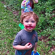 Charles joined the competition — help win amazing prizes! child, toddler, sibling, face, berry_stains, messy, blue_bucket, grass, outdoors, foliage, tie_dye_shirt, curly_hair, long_hair, blue_eyes, holding_bucket, dirt, playtime, summer, mouth_stains, smudged_face