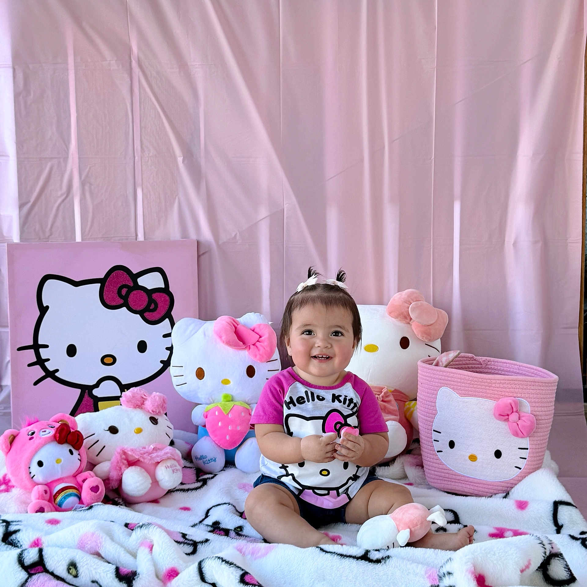 Azalea is registered to the contest to win money with this photo: baby, child, hello_kitty, plush_toys, pink, smiling, sitting, blanket, stuffed_animals, cute, portrait, indoor, decor, toy, person, head, clothing, hair_ties, basket, happy