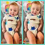Holden joined the competition — help win amazing prizes! baby, child, smiling, infant, onesie, baby_chair, colorful, patterned_clothing, happy, cute, indoors, seated, portrait, playful, rainbow, animal_print, comfort, young_child, two_images, light_background